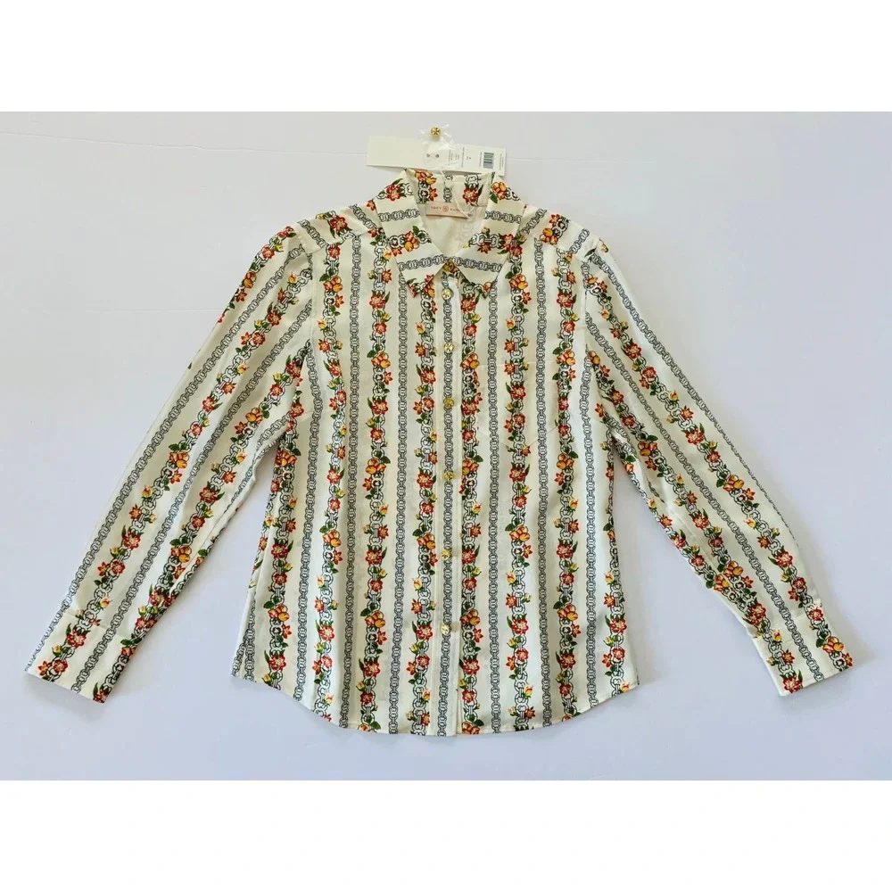 NWT Tory Burch Bridgette Silk Blouse Shirt Gemini Link Rose sz 4 $398 Floral Geo